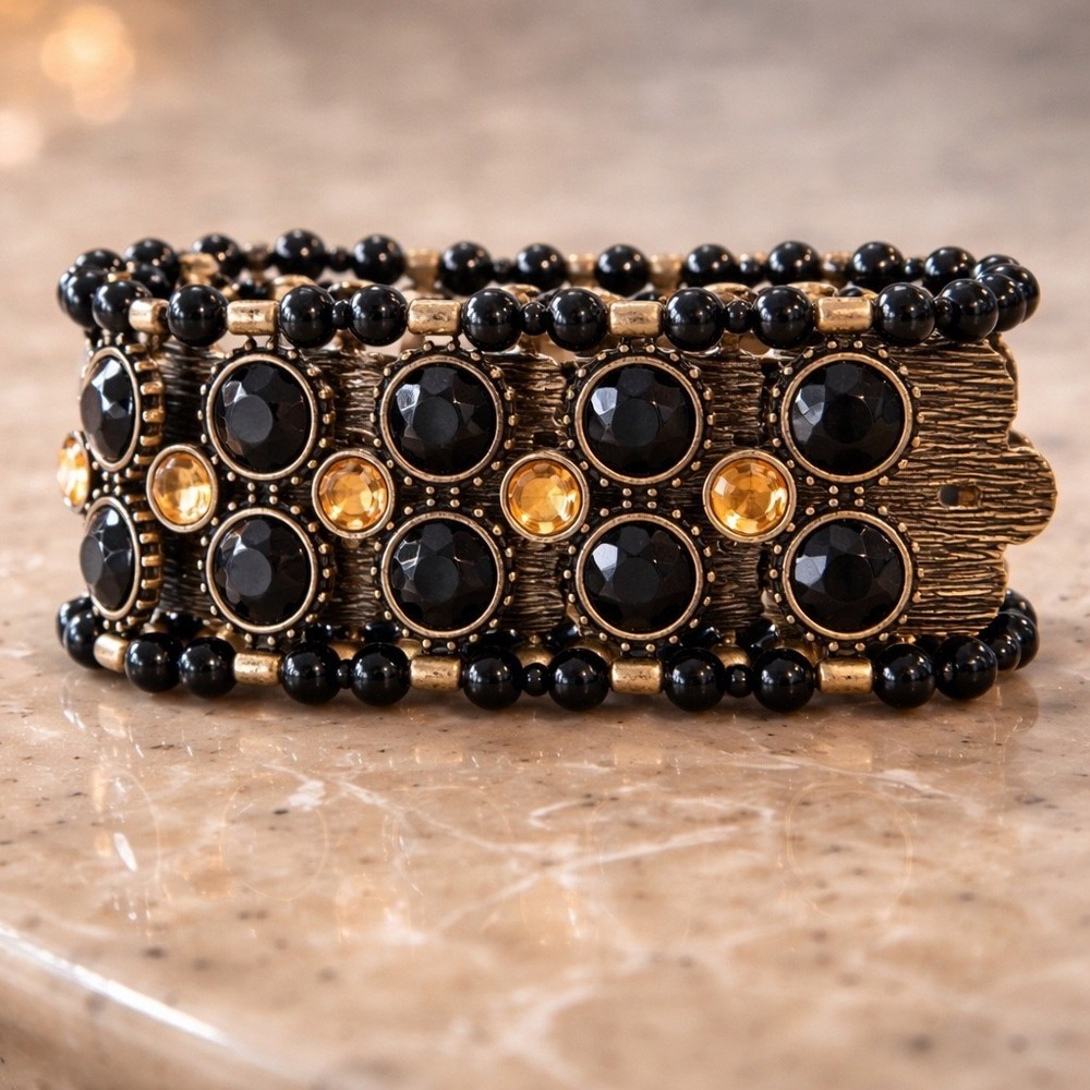 Bohemian Bracelet Honey Carmel Faceted Stones Beaded Stretch Wide Cuff